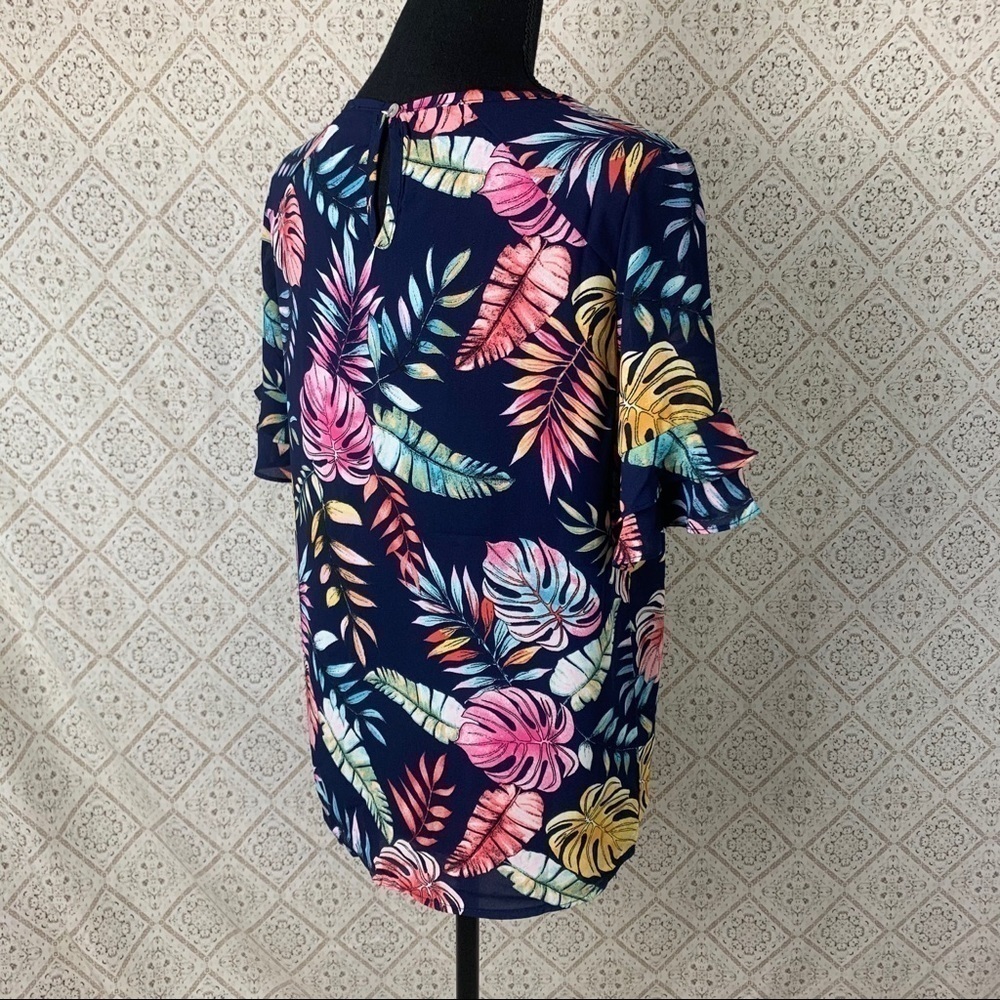 Tropical Navy Blue Leaf Print Blouse – Vacation Vibes, NWOT, Size M - Picture 3 of 11